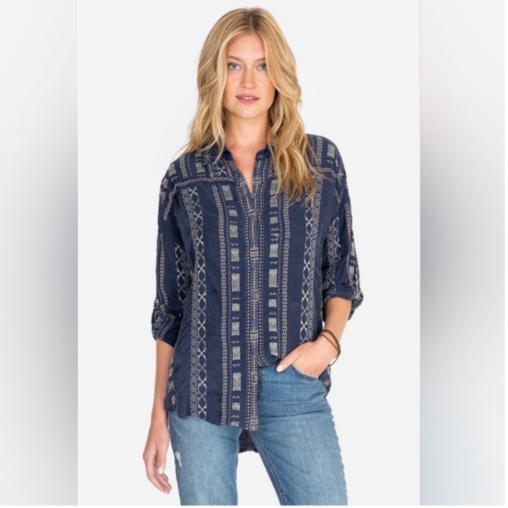 Johnny Was Kiki Cupra Button Down Shirt Blue Embroidered Large